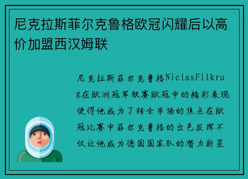 尼克拉斯菲尔克鲁格欧冠闪耀后以高价加盟西汉姆联